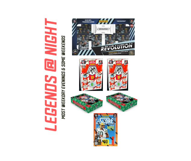 BRB - 251 - (6) BOX PYT BREAK - (1) 2025 Panini Revolution Bundle (2) 2025 Donruss Winter Tins (2) 2025 Mosaic Holiday Cereal Boxes (1) 2025 Score Hobby Blaster Hunt for rookies & SSPs!! - F