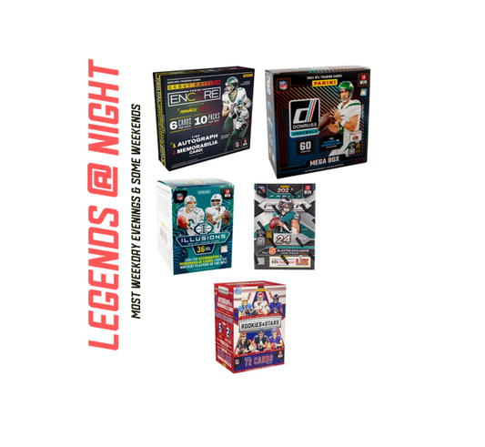 BRF - 166 - 5 BOX PYT BREAK: (1) 2024 Panini Encore Hobby (1) 2024 DonRuss Mega Box (1) 2024 Illusions Blaster Box (1) 2024 Rookies & Stars Blaster (1) 2024 Prizm Blaster